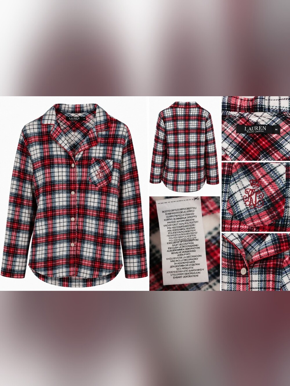 Lauren Ralph Lauren Plaid Pajama Top Women M Red White Blue Fleece Monogram.